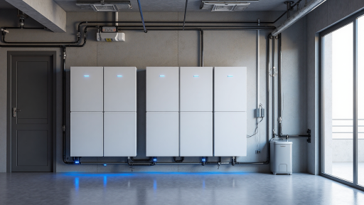 Modern energy storage system with battery arrays, digital displays, industrial facility background, clean environment