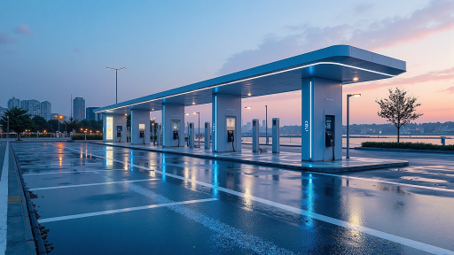 Modern electric vehicle charging station with sleek design, LED indicators, urban setting, professional installation